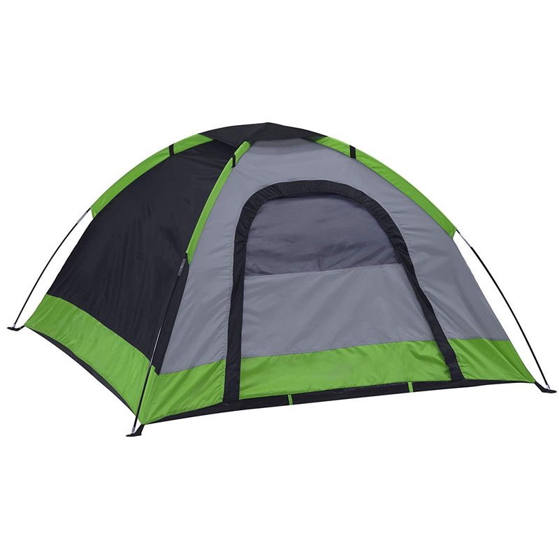Manual tent pitched with guy lines
