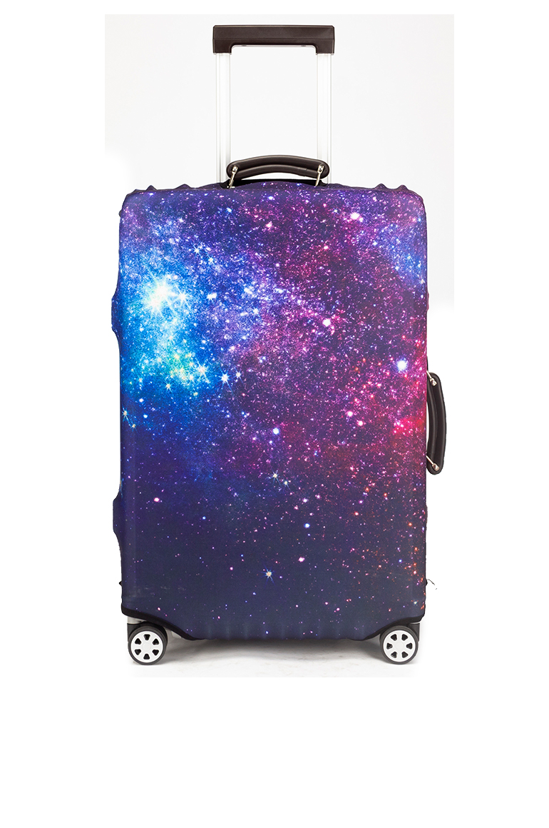 Patterned luggage cover on a hard shell case
