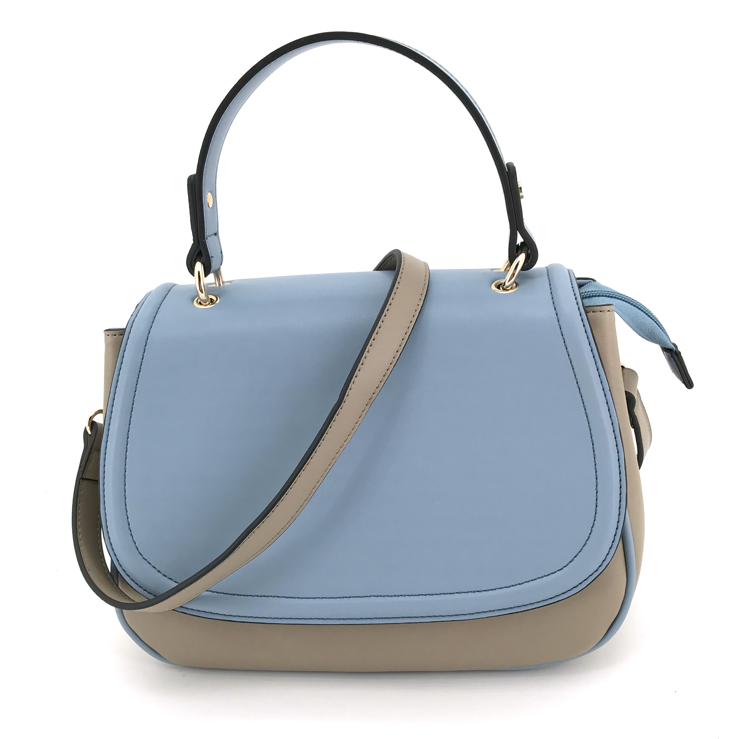 Handbag with top handles and detachable strap